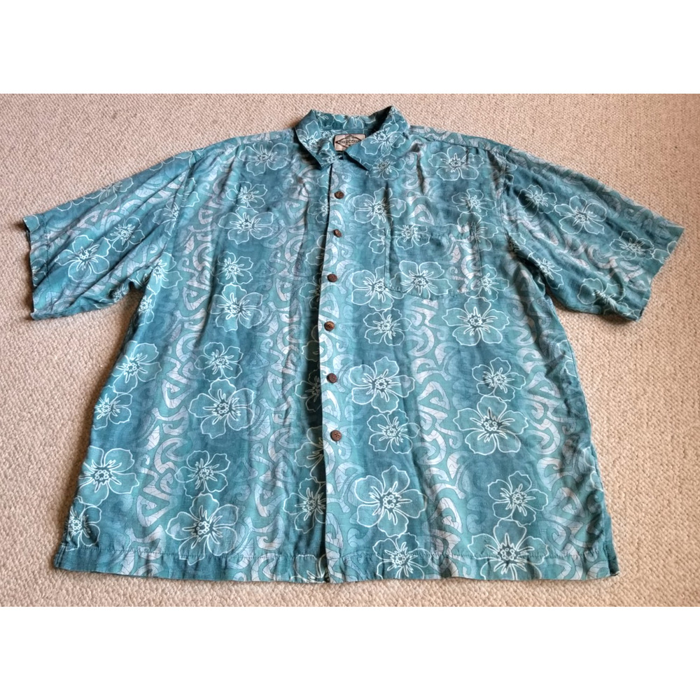 Mens Shirt-THREE PALM-blue tropical floral 100% silk Hawaiian buttondown ss-L
